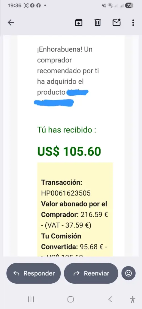 capturas de pantalla de la ventas de productos de hotmart conseguidas por alumnos de la formacion partner360