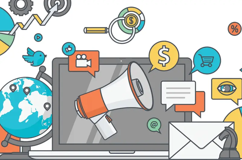 Ilustración de marketing digital con un megáfono sobre un portátil, rodeado de iconos de redes sociales, publicidad online, ventas, analítica y comercio electrónico.