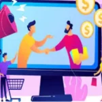 Ilustración colorida de comercio digital: dos personas se dan la mano a través de una pantalla, simbolizando un acuerdo en línea. Alrededor hay iconos de monedas, un megáfono, un carrito de compras y personas comprando, representando marketing y ventas digitales.