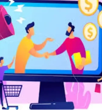 Ilustración colorida de comercio digital: dos personas se dan la mano a través de una pantalla, simbolizando un acuerdo en línea. Alrededor hay iconos de monedas, un megáfono, un carrito de compras y personas comprando, representando marketing y ventas digitales.