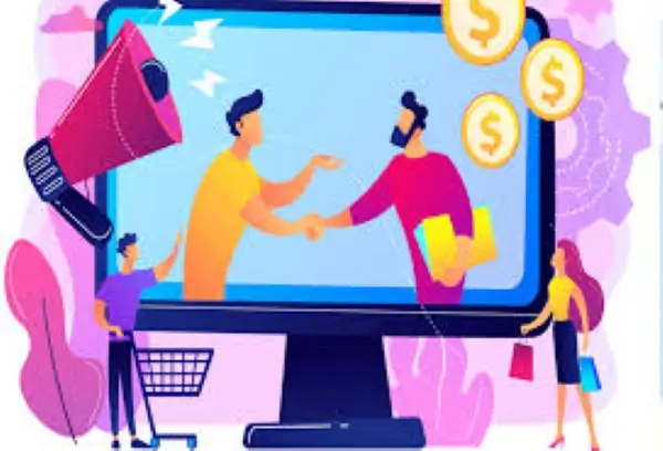 Ilustración colorida de comercio digital: dos personas se dan la mano a través de una pantalla, simbolizando un acuerdo en línea. Alrededor hay iconos de monedas, un megáfono, un carrito de compras y personas comprando, representando marketing y ventas digitales.
