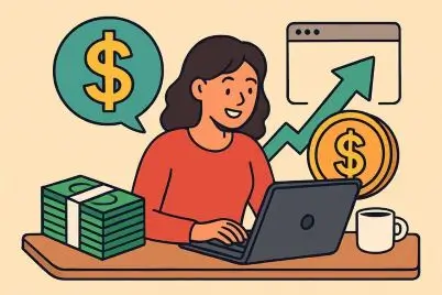 Ilustración de una mujer trabajando en una laptop con iconos de dinero, ganancias y una flecha ascendente, representando el crecimiento de ingresos y el éxito en un negocio online.