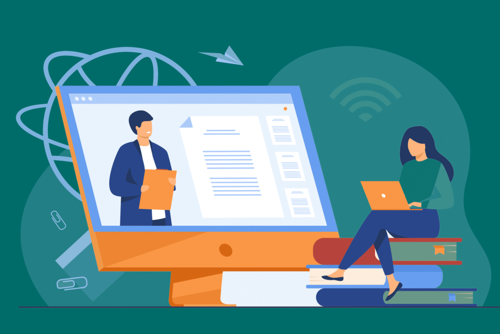 chica sentada sobre libros y una pantalla de ordenador con una persona y un documento
